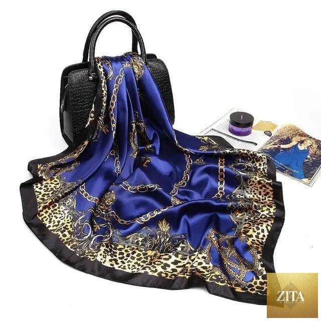 Stevvex fashionable women's silk satin scarf with a colorful print, 90x90cm square shawl, versatile and elegant accessory.
