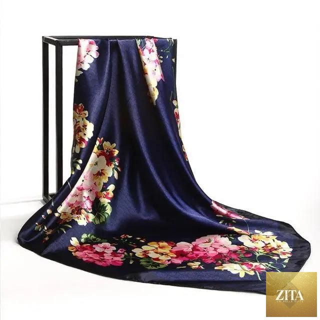 Stevvex fashionable women's silk satin scarf with floral print, square 90x90cm shawl, versatile hijab or bandana style.