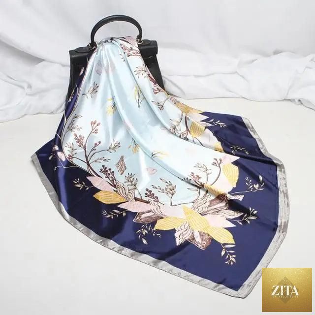 Stevvex fashionable women's silk satin scarf with floral print, 90x90cm square hijab or bandana, elegant and luxurious accessory.