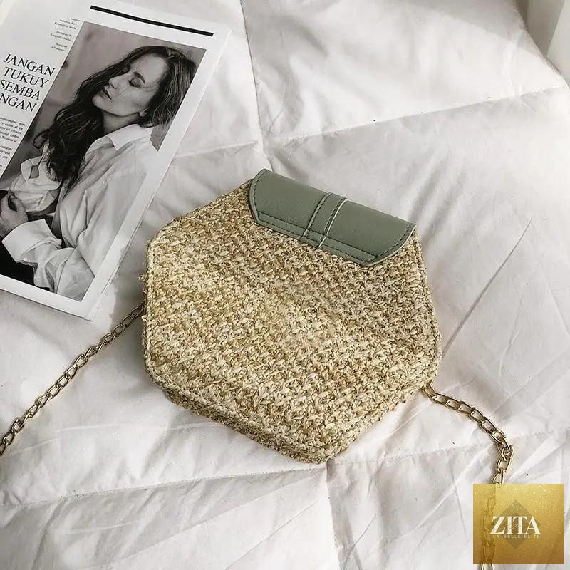Elegant genuine leather handbag with straw and leather details, featuring a woven beach circle design for women and girls.