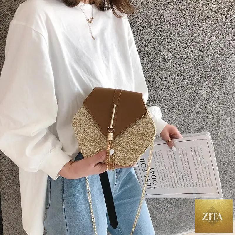 Elegant genuine leather handbag by Stevvex featuring a woven straw and leather design, perfect for women and girls for summer.