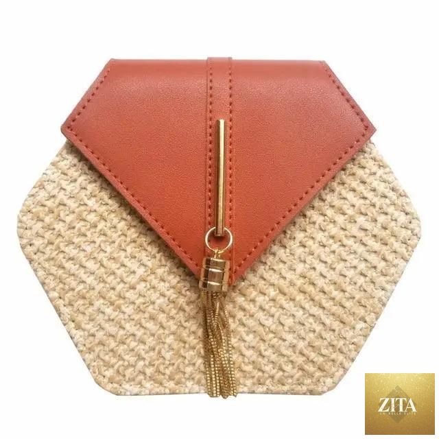 Elegant genuine leather handbag with woven straw design, featuring a circular shoulder strap, perfect for women and girls in summer.