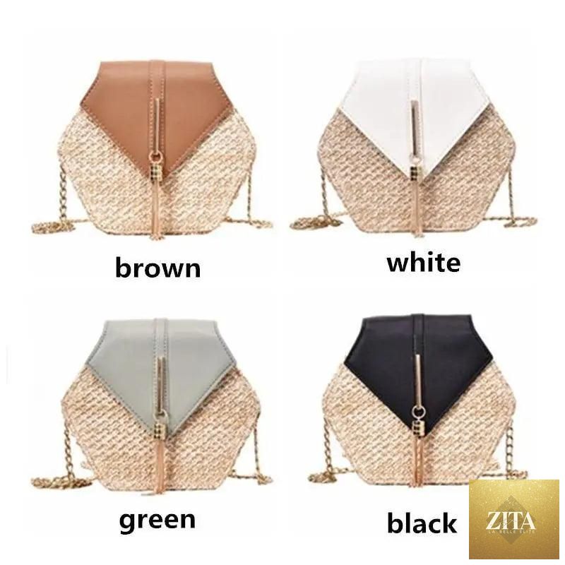 Elegant genuine leather and straw multi-style summer handbag with woven beach circle design, ideal for women and girls.