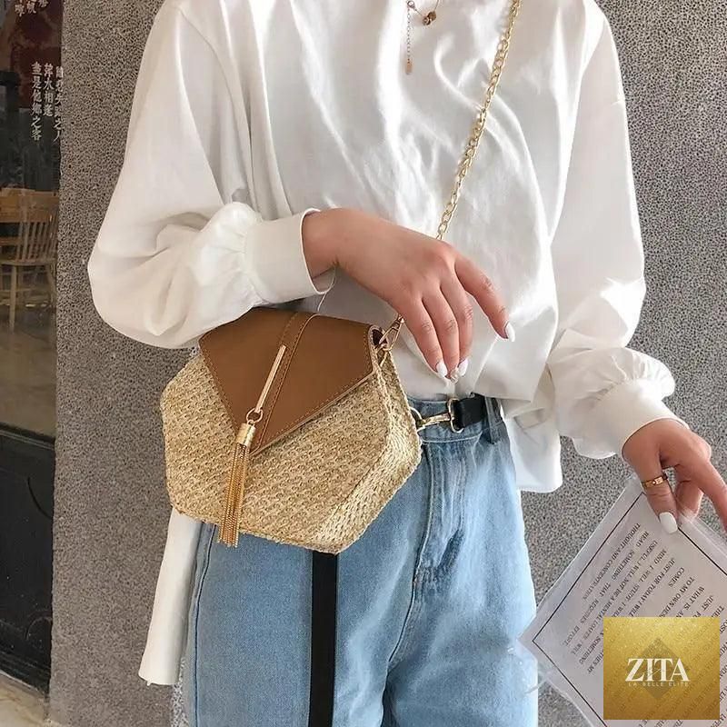 Elegant genuine leather handbag by Stevvex with woven straw and leather design, perfect for women and girls in summer fashion.
