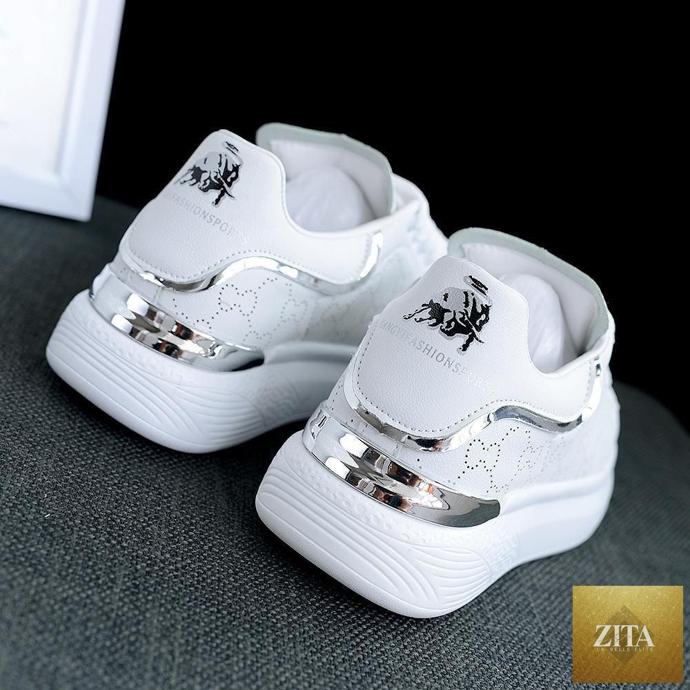 Women's white thick-soled sports sneakers by Stevvex, breathable lace-up trainers for running, gym, and casual summer wear.