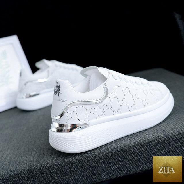 Stevvex women's white sports shoes with thick soles, breathable mesh, lace-up design, suitable for running, gym, and casual wear.
