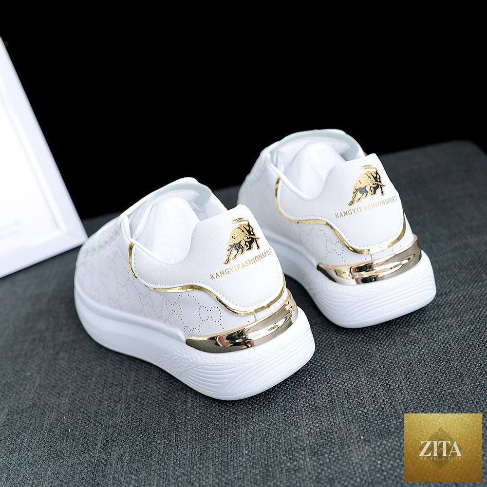 Women's white Stevvex sports shoes with thick soles, breathable fabric, lace-up design, ideal for gym, tennis, and casual wear.