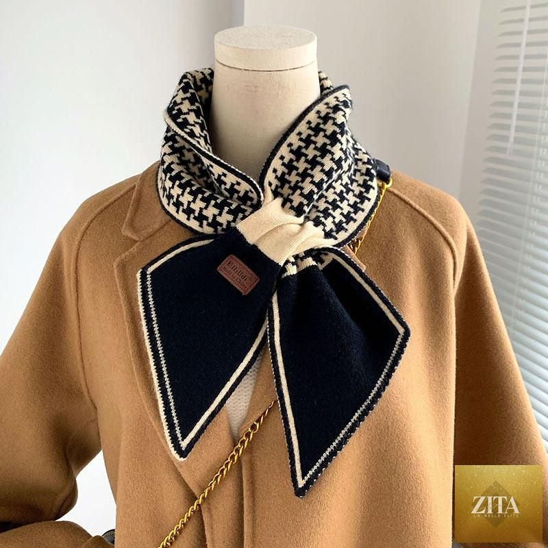 Stevvex luxury winter plaid knitted neckerchief scarf for women, lightweight, elegant, small collar scarf with a stylish design.