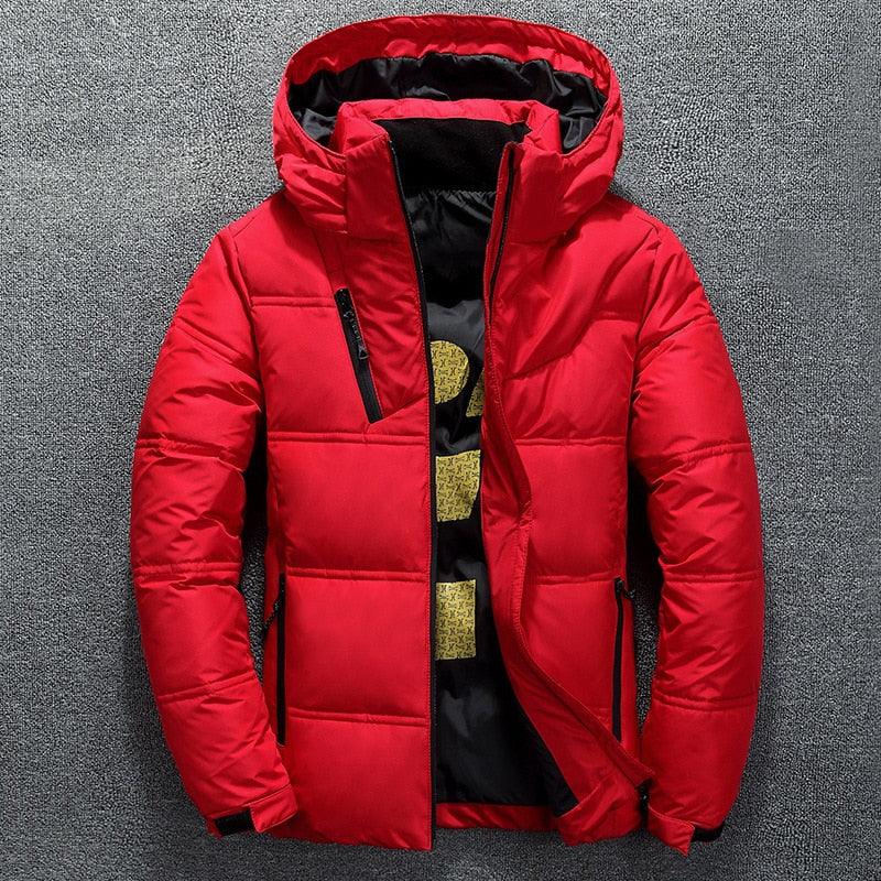 Modern red men's winter jacket with hood, solid color, and unique design, featuring a warm, comfortable outdoor coat by Stevvex.