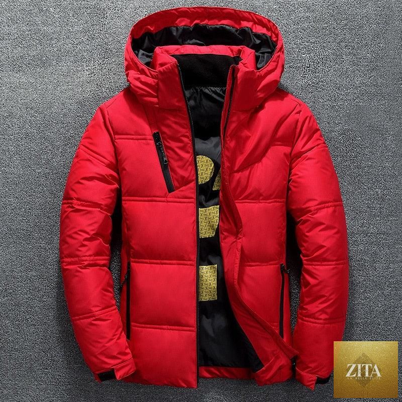 Modern red men's winter jacket with hood, solid color, and unique design, featuring a warm, comfortable outdoor coat by Stevvex.
