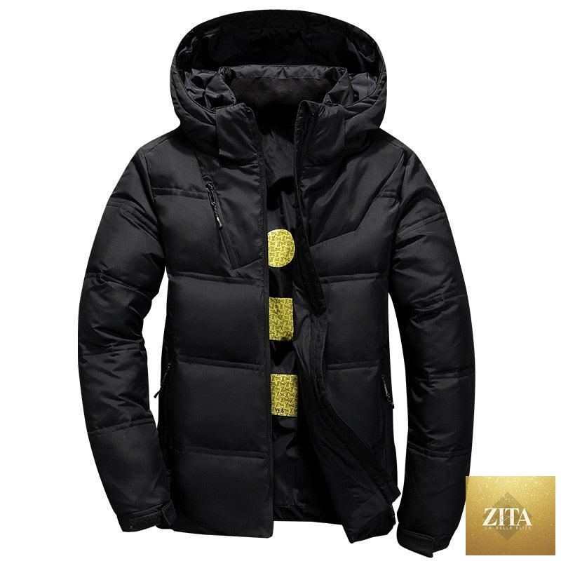 Stevvex men's modern red winter jacket with hood, solid color, warm, stylish, outdoor coat, featuring a unique design and comfortable fit.