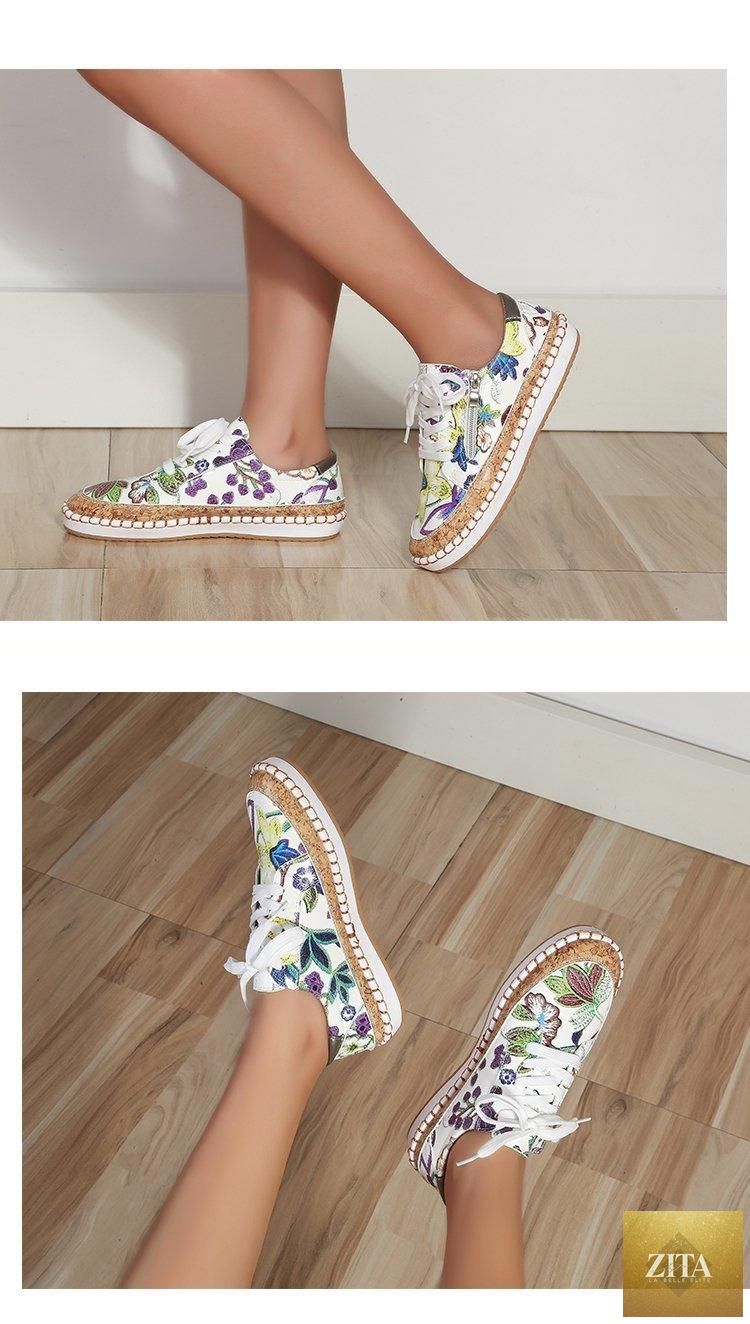 Colorful flower-print women's white sneakers by Stevvex, casual lace-up flat trainers for summer walking and everyday wear.