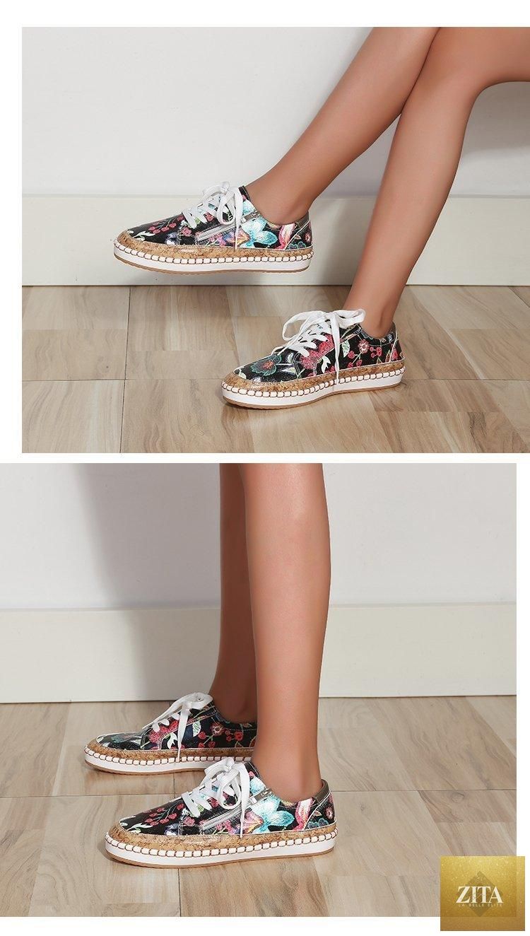 Stevvex women's white casual sneakers with colorful flower print, lace-up design, flat sole, ideal for summer walking and casual wear.