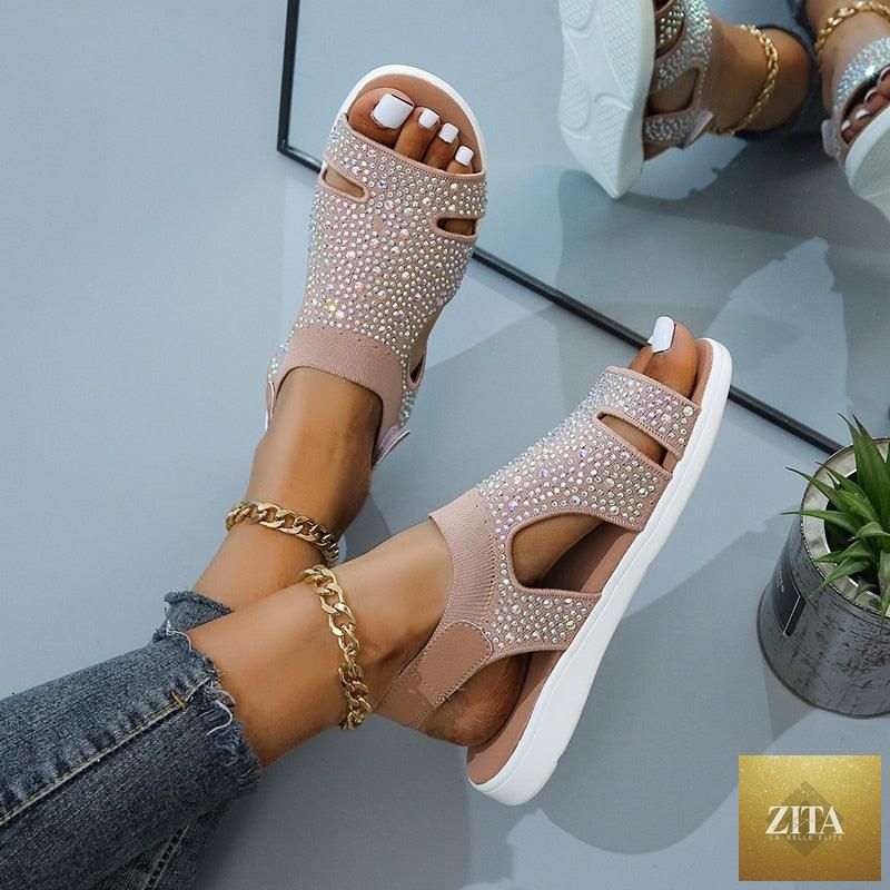 Blue Stevvex women’s casual summer sandals with buckle strap, open toe, slip-on flats, perfect for beach and dressy summer wear.