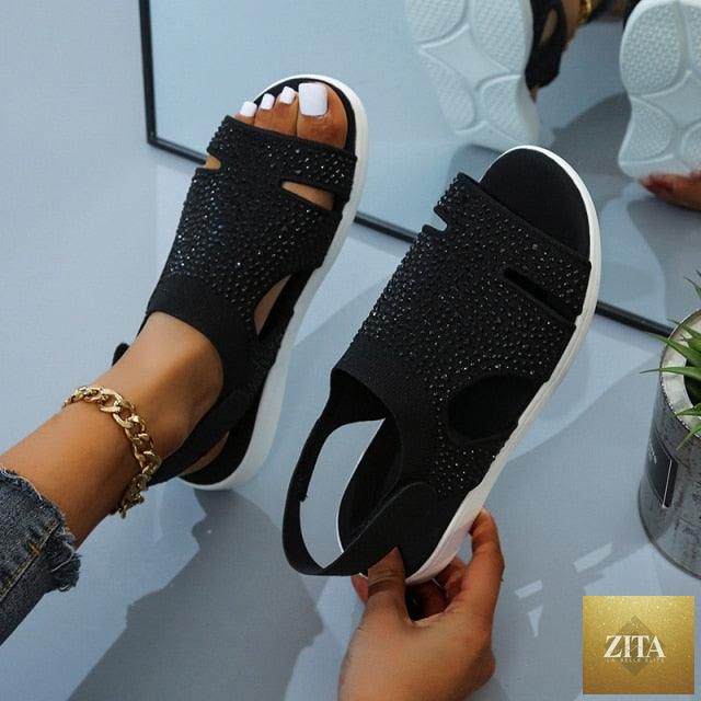 Blue casual women’s flat sandals with buckle strap, open toe slide design, slip-on style, perfect for summer beach and dressy wear.