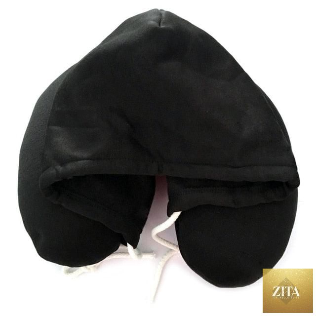 Stevvex travel hooded U-shaped pillow with memory foam, ideal for car, airplane, or office head and neck support.