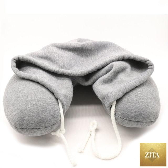 Stevvex U-shaped travel pillow with hoodie, memory foam neck support cushion for car, airplane, and office travel comfort.