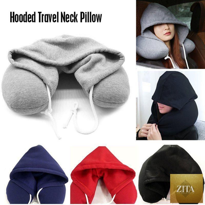 Stevvex U-shaped travel pillow with hoodie, memory foam neck support, ideal for car, plane, or office use.