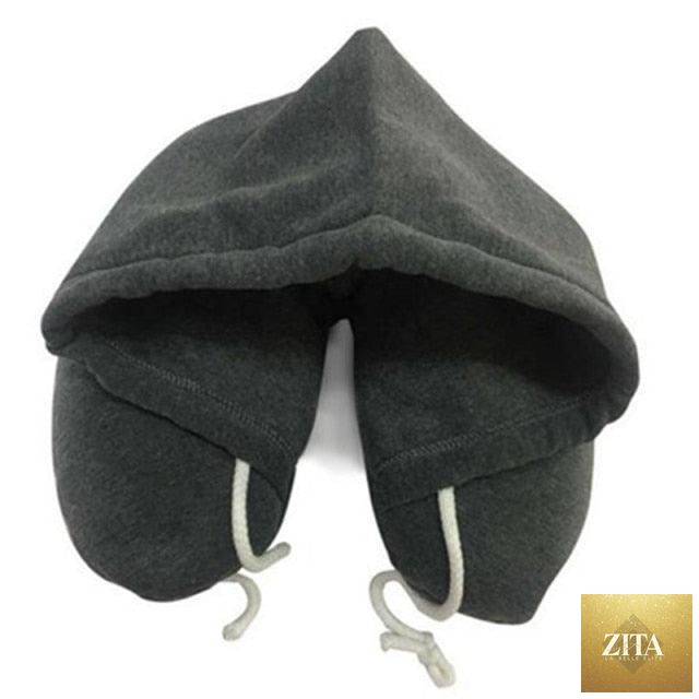 Stevvex U-shaped travel pillow with hoodie, memory foam neck support, inflatable design, ideal for car, plane, or office travel.