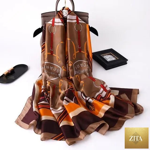 Stevvex women's silk scarf with floral print, long size, suitable as beach headband or shawl for autumn and winter wear.