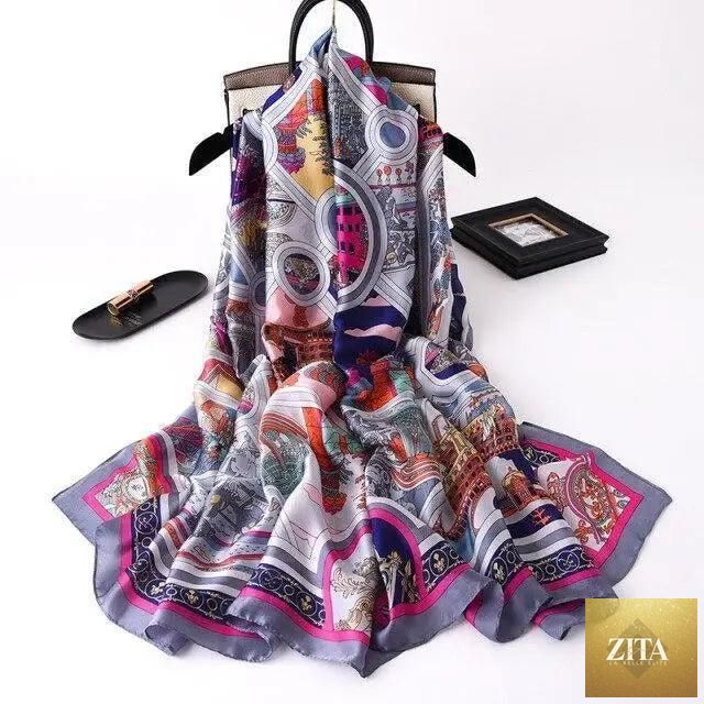 Stevvex women's silk scarf with floral print, long shawl, beach headband, perfect for autumn, winter, spring casual wear