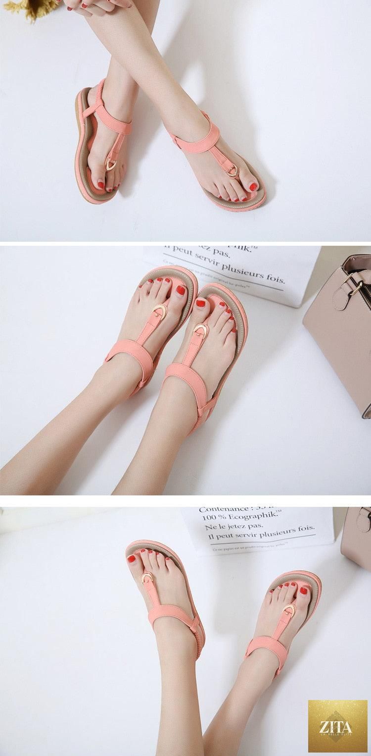 Stevvex women's flat heel summer sandals with T-strap, elastic straps, soft sole, casual flip flops, beach shoes, and ankle design.
