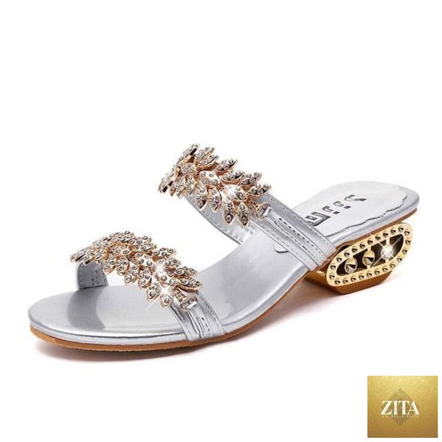 Women’s summer beach slippers by Stevvex with rhinestones, flip-flop style, shiny accents, comfortable outdoor sandals, and a luxurious look.