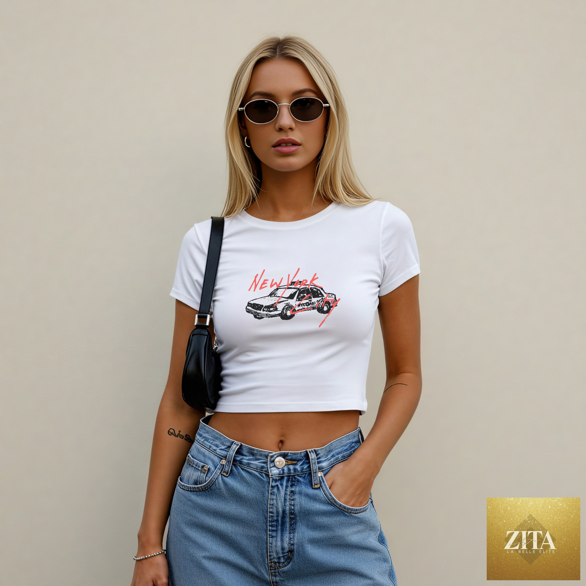 White crop tee shirt featuring a New York City cab graphic from Hey Jude Graphic Tees.