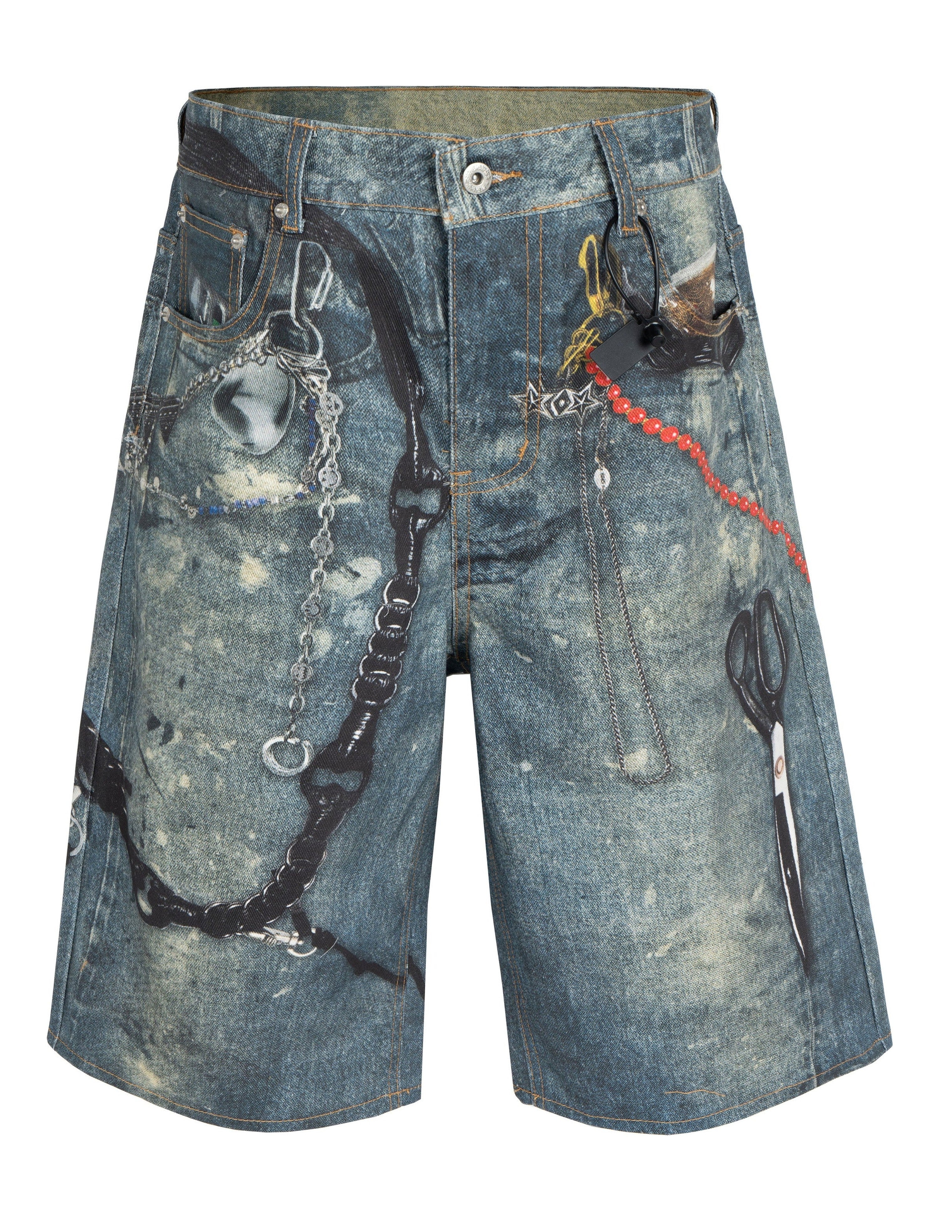 Undeveloped denim shorts with hardware detailing, casual fit, and rolled cuffs, ideal for summer or casual wear.