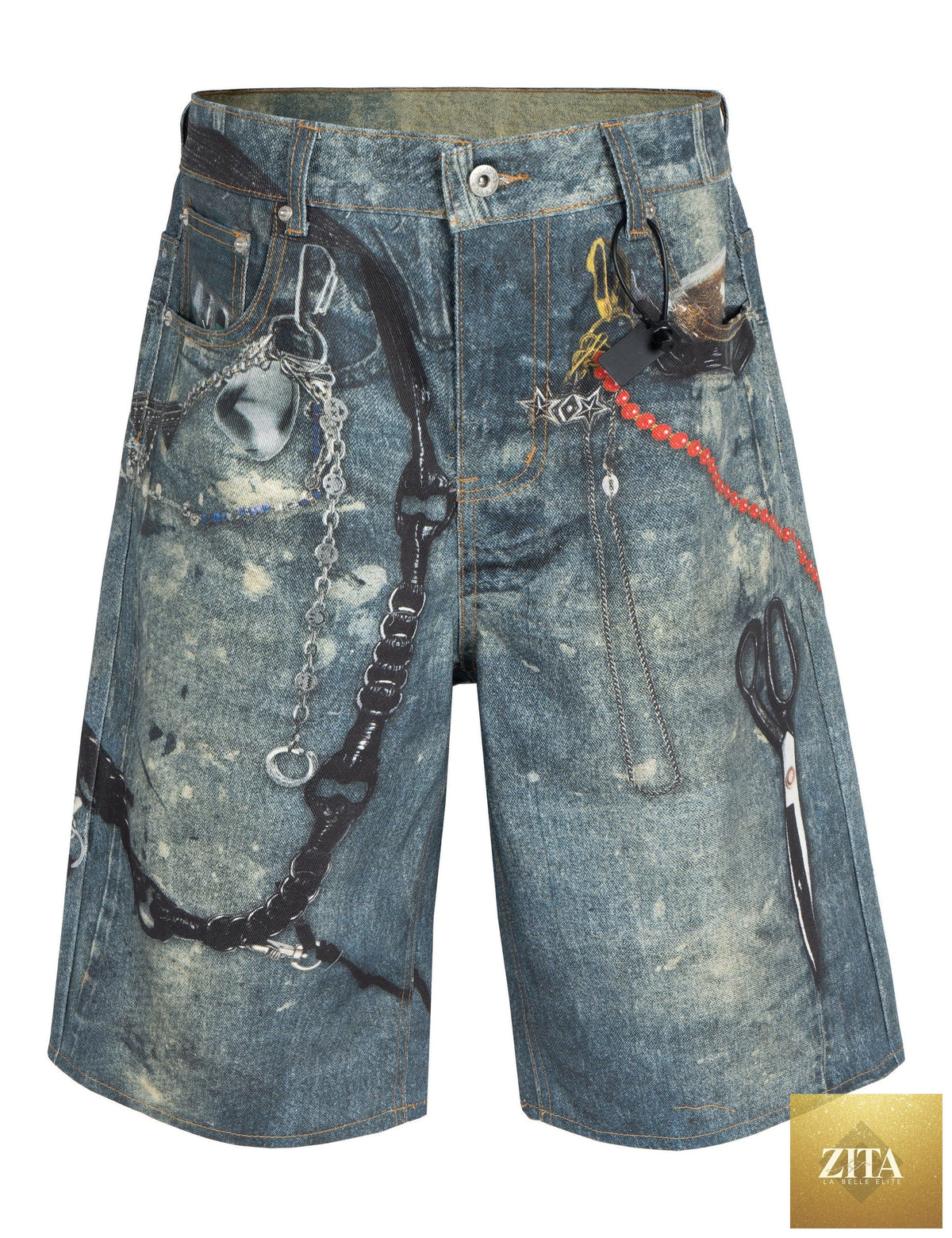 Undeveloped denim shorts with hardware details, casual fit, and distressed denim fabric, suitable for summer wear.