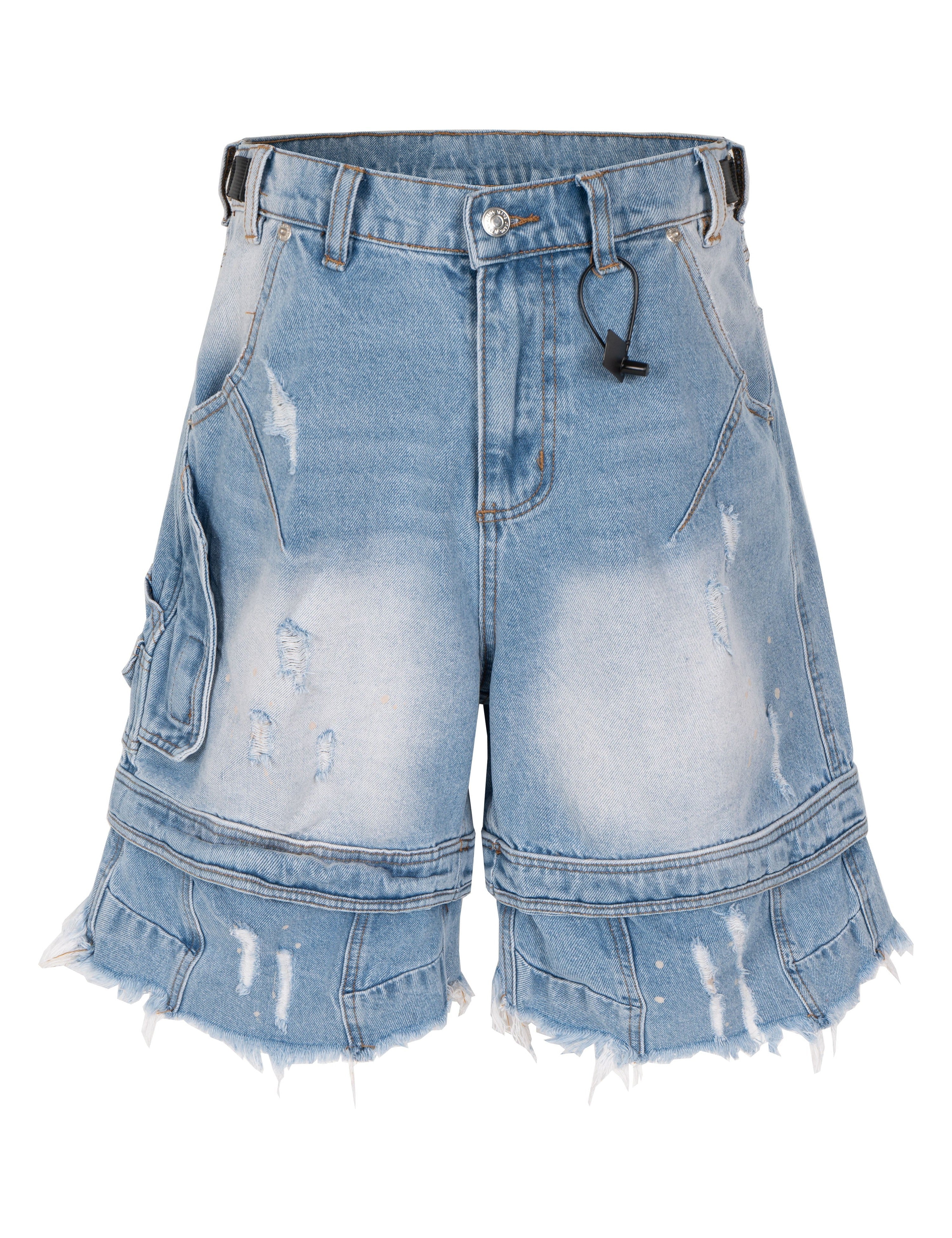 Blue distressed cargo shorts by UNDEVELOPED, featuring multiple pockets and a casual fit, displayed on a plain background.