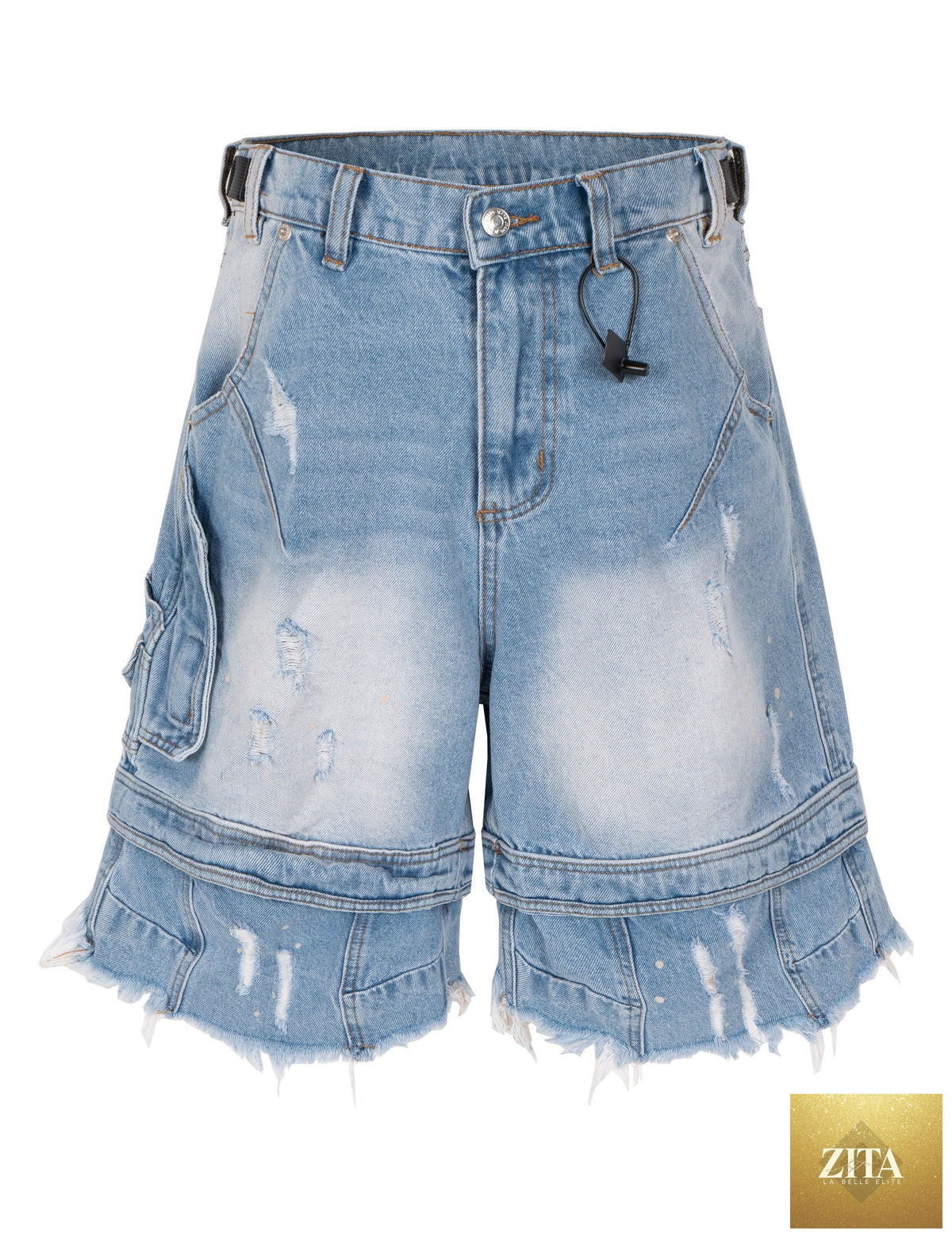 Blue distressed cargo shorts by UNDEVELOPED with multiple pockets and a relaxed fit, displayed on a plain background.