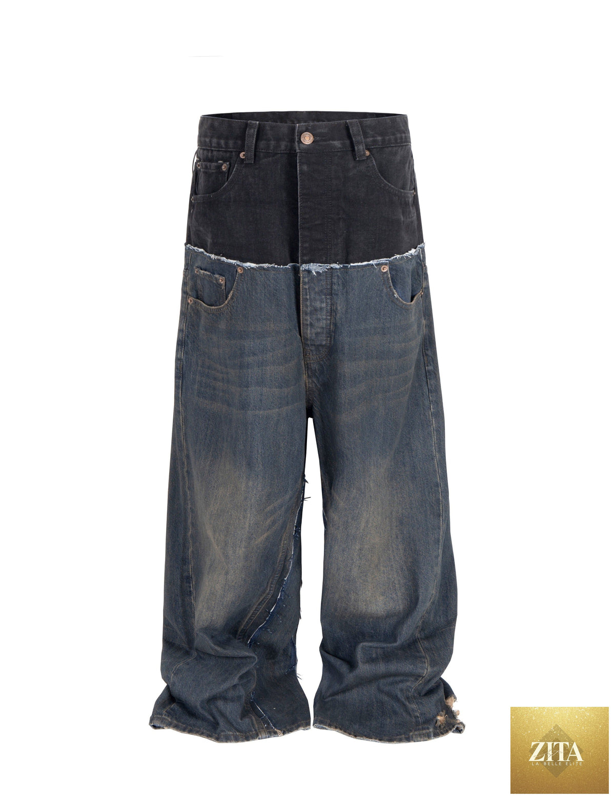 Undeveloped WideBoy Midnight double denim jeans displayed on a hanger, showcasing dark wash denim and classic fit.