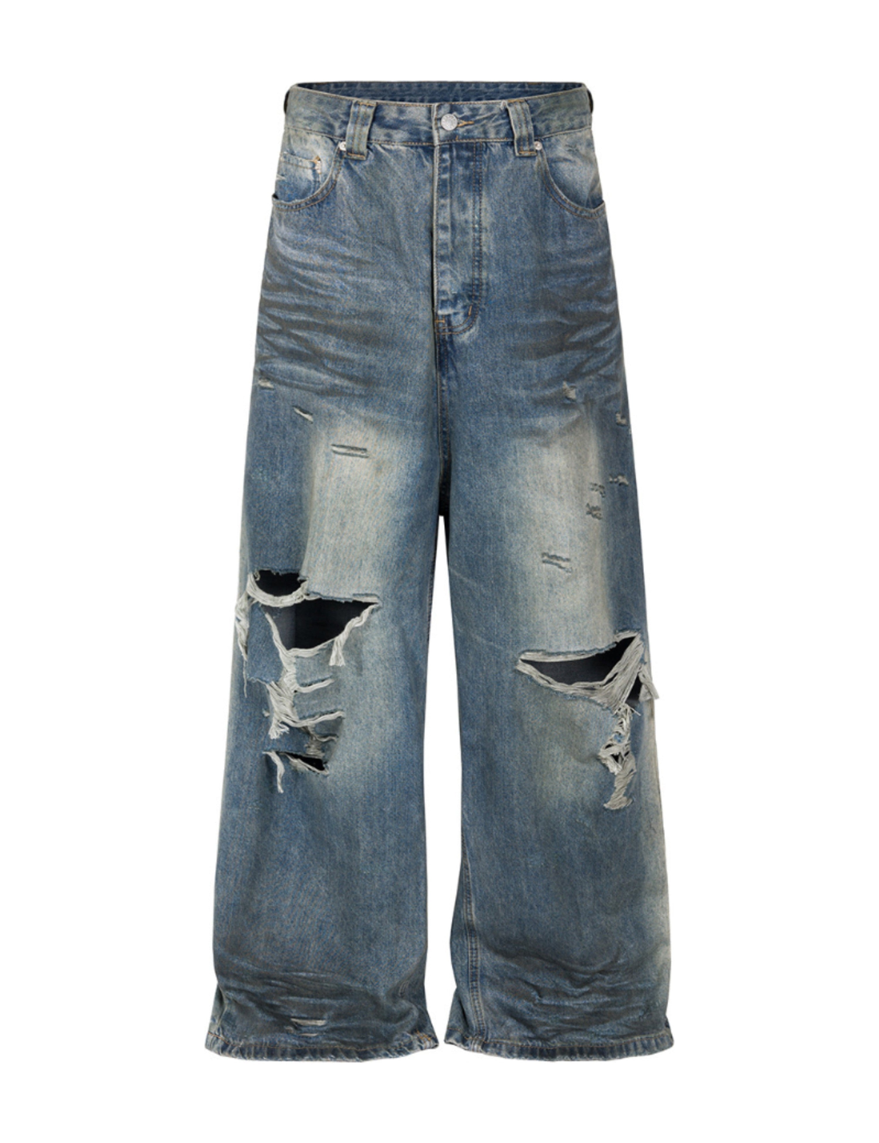 Unconstructed wide-leg destroyed denim jeans by UNDEVELOPED with ripped and distressed details.