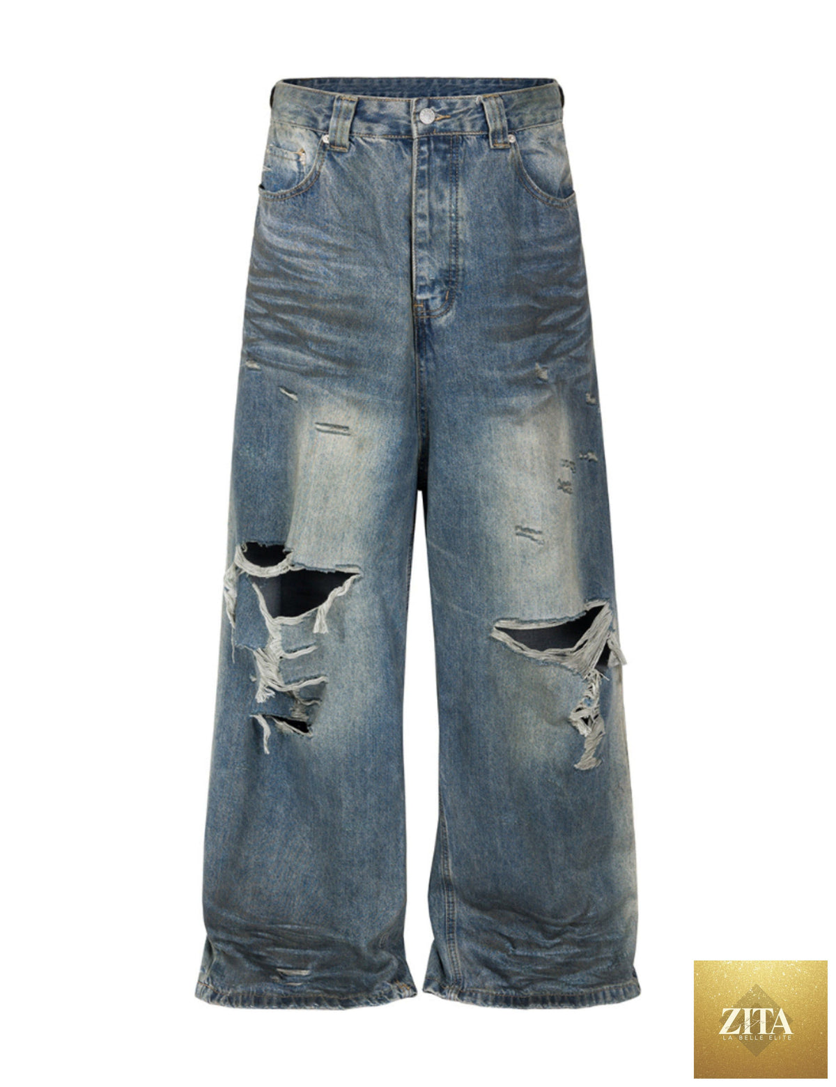 Pair of UNDEVELOPED WideBoy Destroyed Denim jeans with distressed detailing and frayed edges, showcasing a trendy denim style.