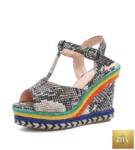 Women's thick-soled high heel wedge sandals by Trendy Attic Store01, featuring stylish open-toe design and ankle straps.