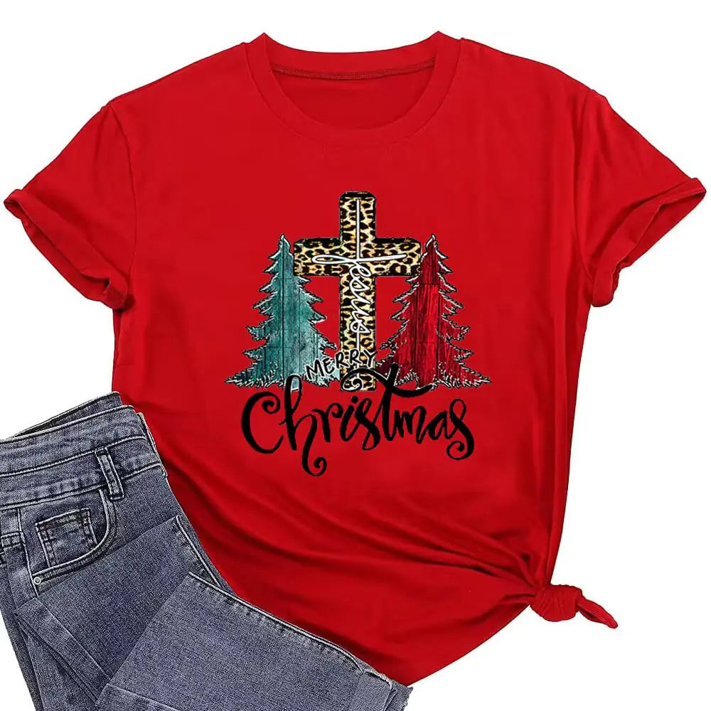 Christmas Shirts for Women Vintage Christmas Tree Cross Graphic Print Christmas Holiday T Shirts Winter Casual Short Sleeve Christmas Jesus Tee Tops(Red XXL)