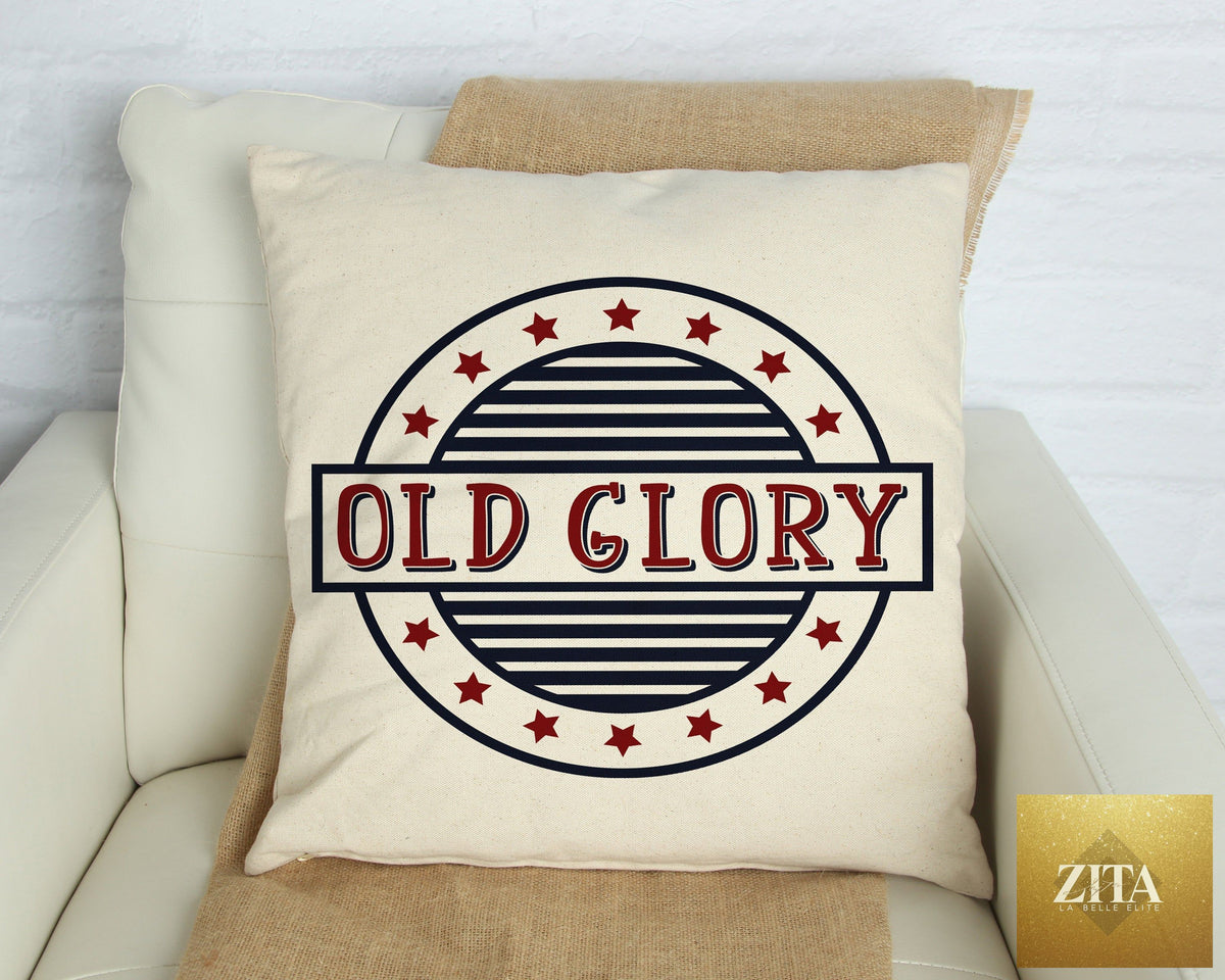 Cotton and Crate Old Glory pillow cover, 18x18 inches, featuring patriotic Fourth of July American flag design for Independence Day decor.