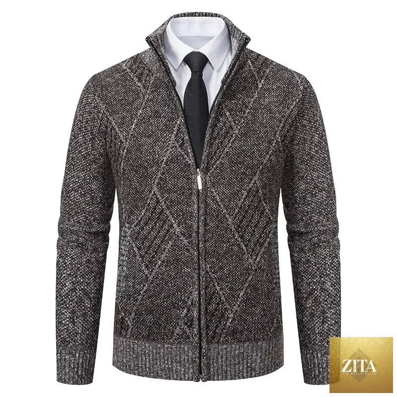 Men's slim-fit casual sweater with stand collar by Trendy Attic Store01, shown in a neutral color, close-up of fabric and collar details.