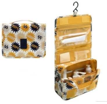 Orange waterproof travel toiletry bag from DailySale, with multiple compartments for beauty and personal care essentials.