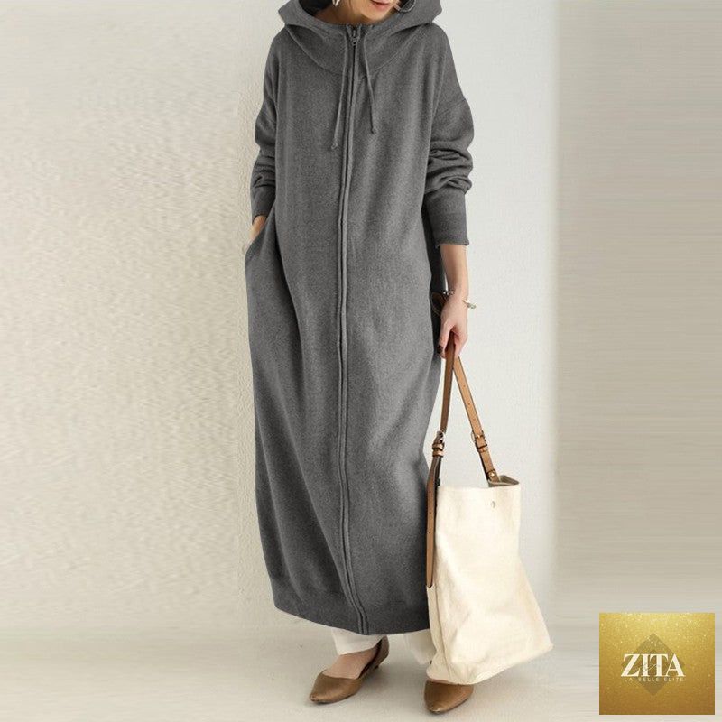 Mariams Collection oversized hooded zip-up maxi dress in soft fleece fabric, featuring a relaxed fit and casual style.