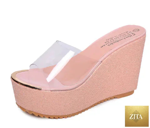 Women high heel platform wedge sandals in black with ankle straps, stylish and comfortable for summer outfits.