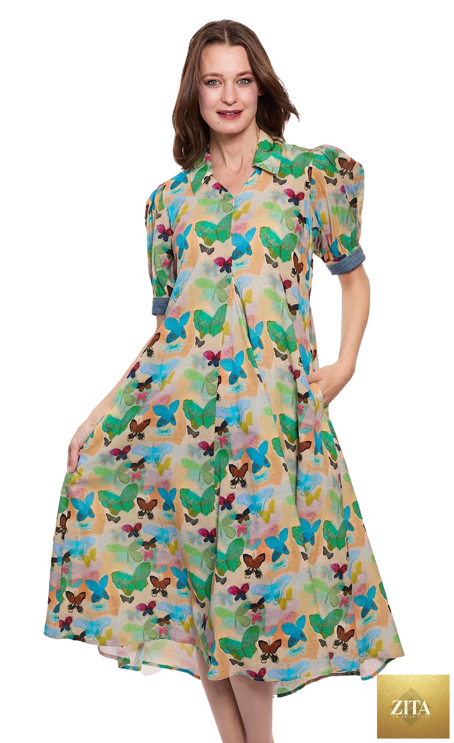 Montauk Dress Linen Cotton Neutral Butterfly Print