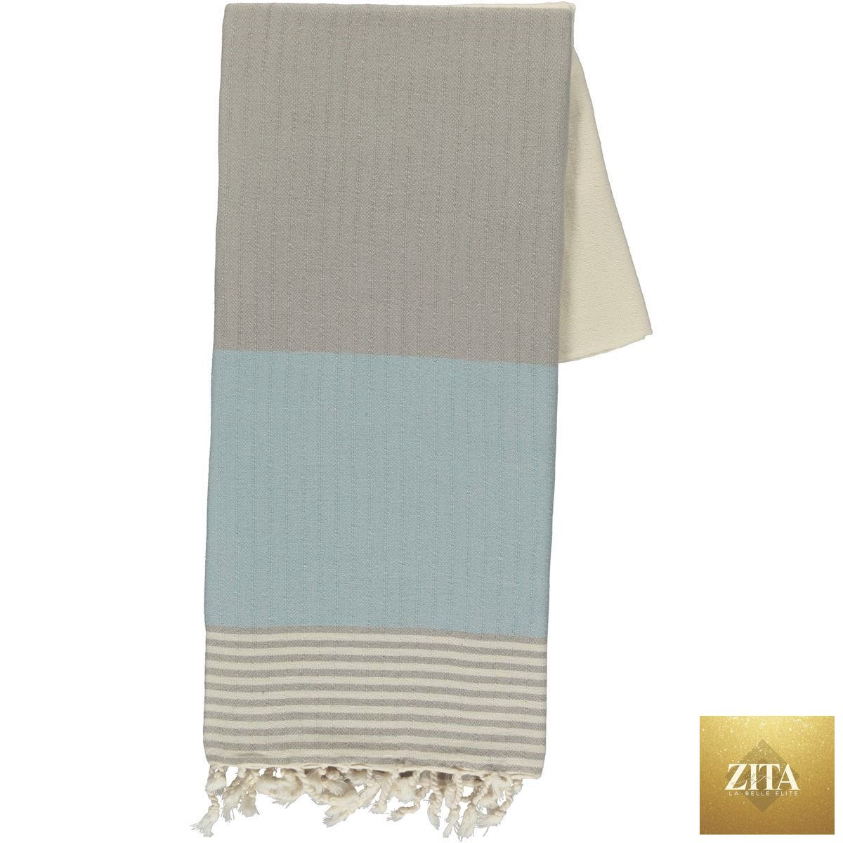 Multi-color Turkish towel bundle by Zita La Belle Elite featuring taupe and light blue woven Turkish towels.