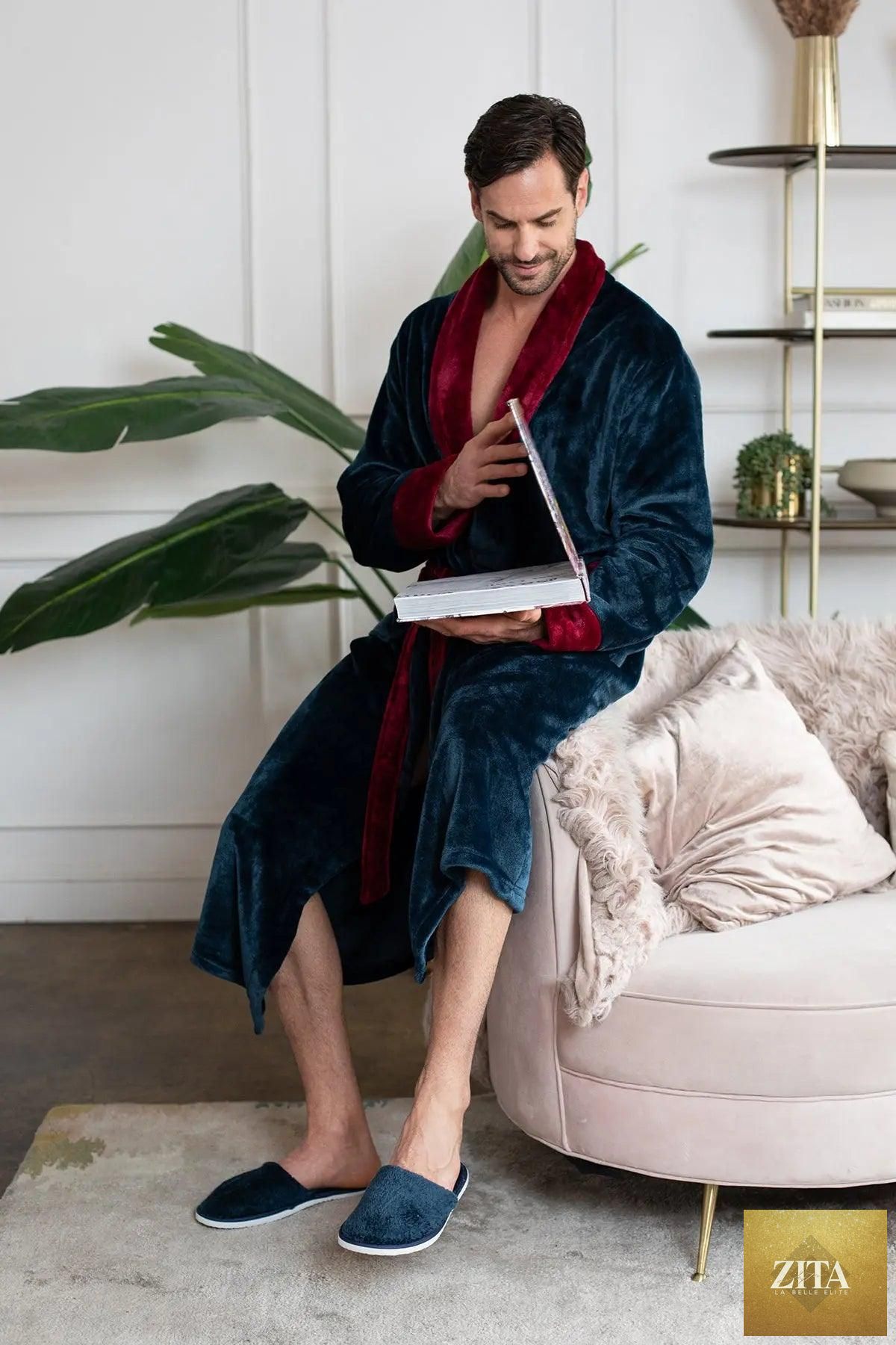 Lotus Linen cozy men's plush robe with personalized embroidery, soft and comfortable for lounging and relaxation.