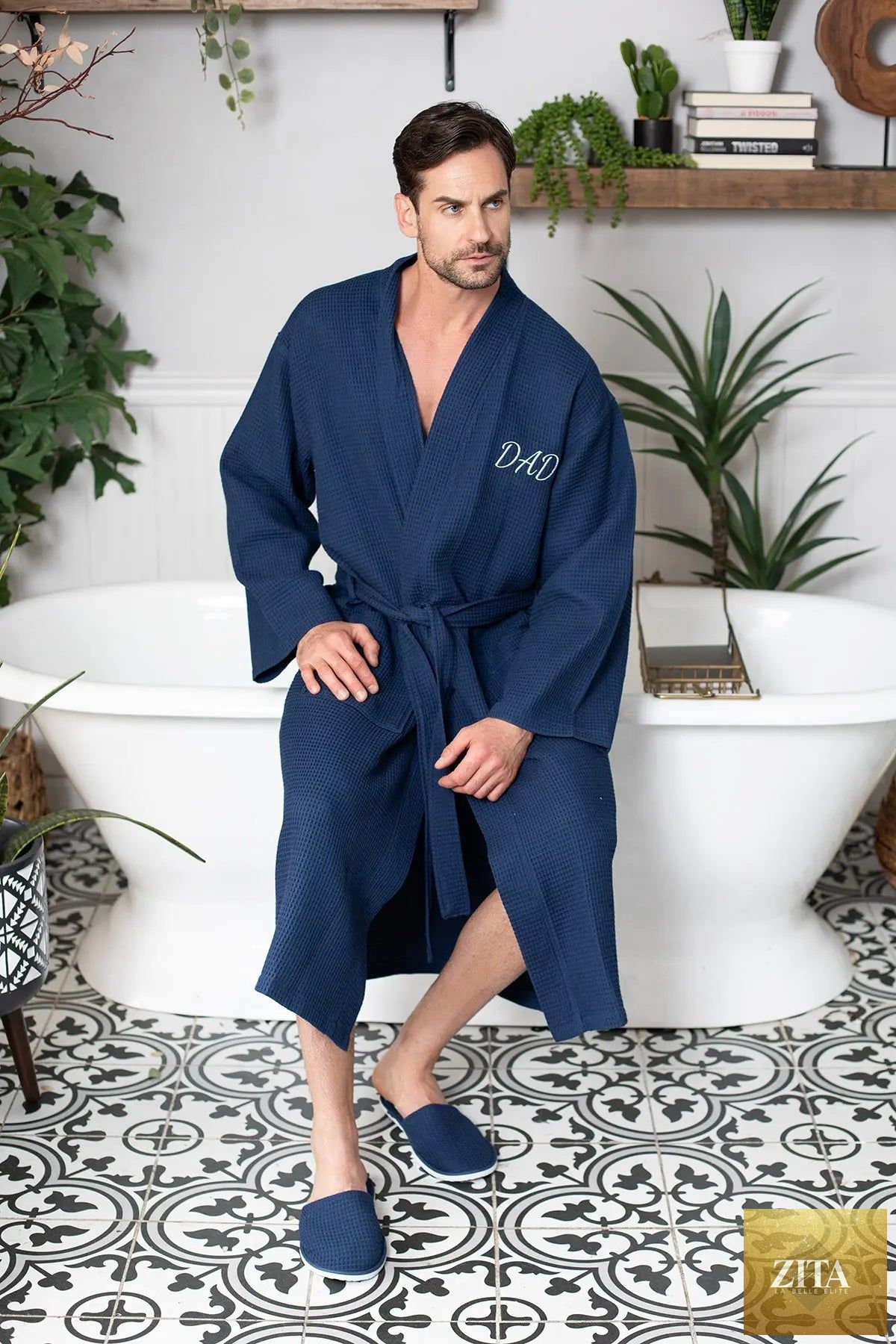 Absorbent, lightweight waffle spa bathrobe for men by Lotus Linen, shown in a personalized design with a relaxed fit.