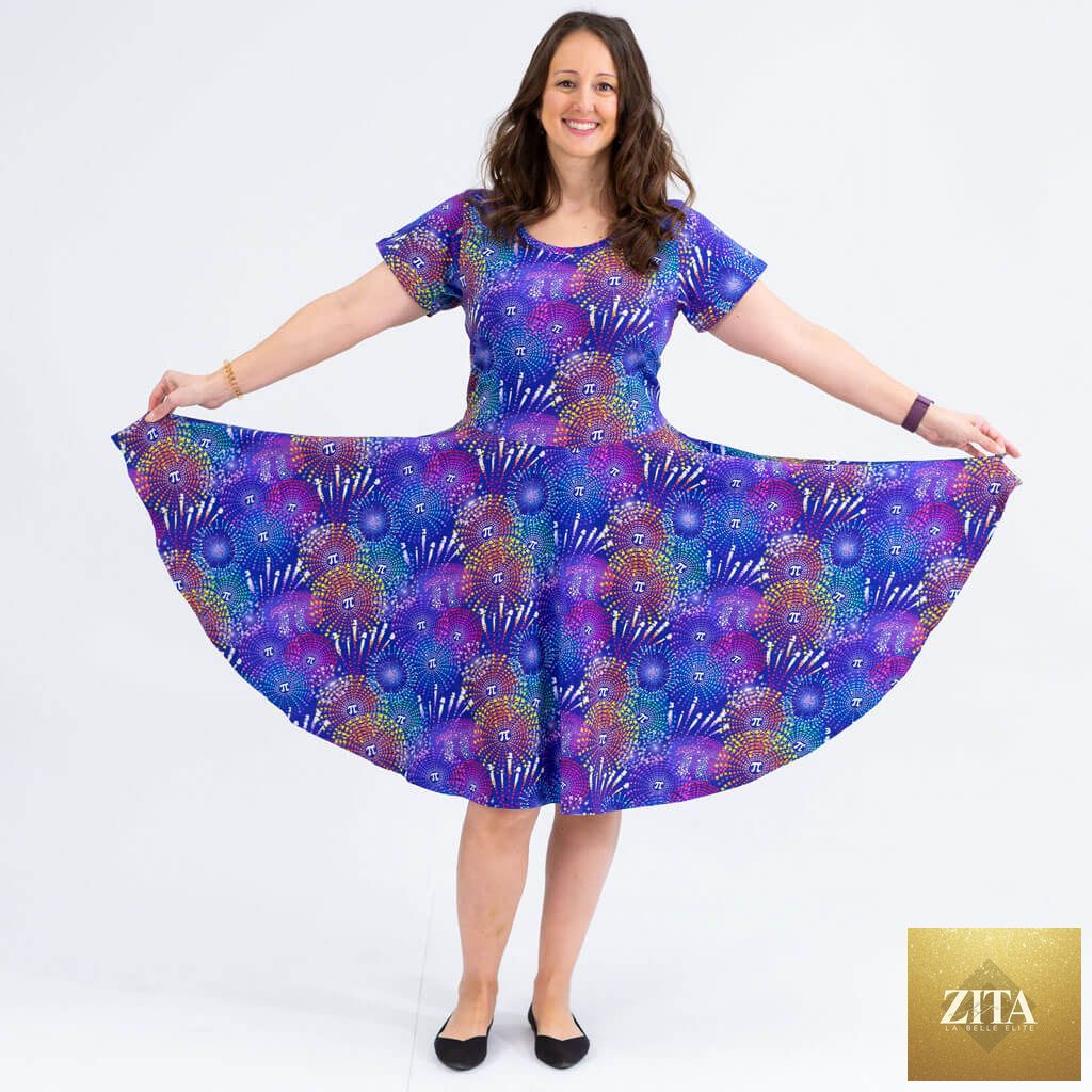 Adult Pi-rotechnics Pi Fireworks Super Twirler Dress with pockets, featuring colorful fireworks pattern and a playful, twirling design.