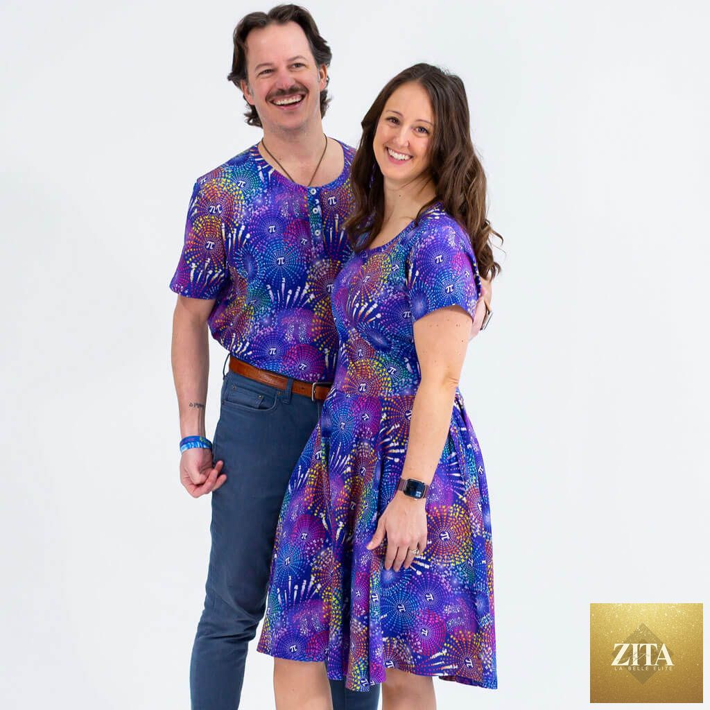 Adult Pi-rotechnics Pi Fireworks Super Twirler Dress with pockets by Princess Awesome & Boy Wonder, featuring colorful fireworks print.