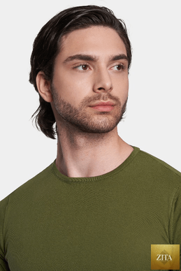 Bright Moons The Essential Shirt in moss green, casual men's shirt with a relaxed fit and collar, displayed on a hanger.