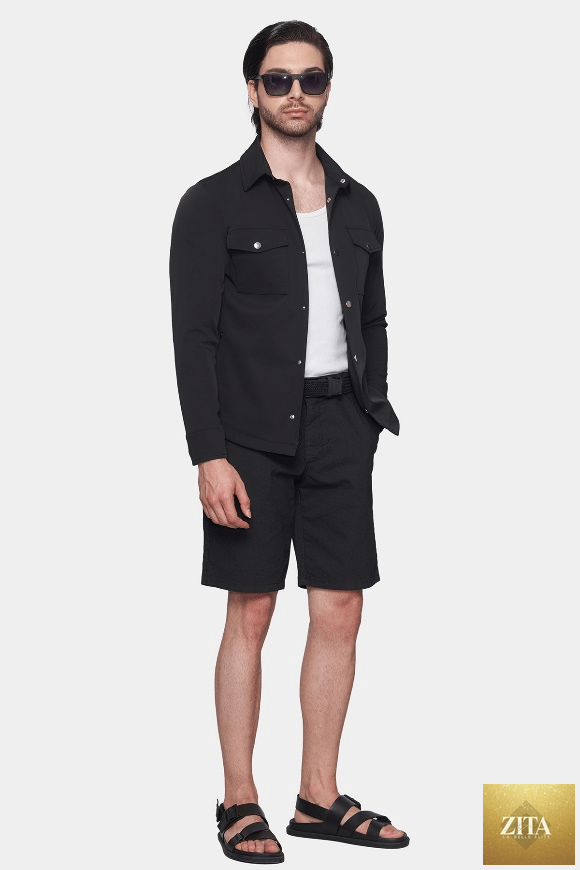 Black Summer Shorts by Bright Moons displayed on a model, showcasing their casual fit and comfortable design.